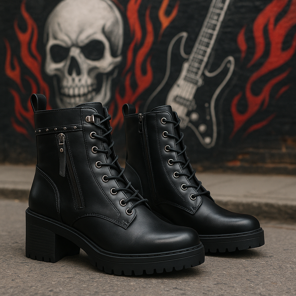 Botines con tacón estilo militar Skydiva Flex en color negro para mujer