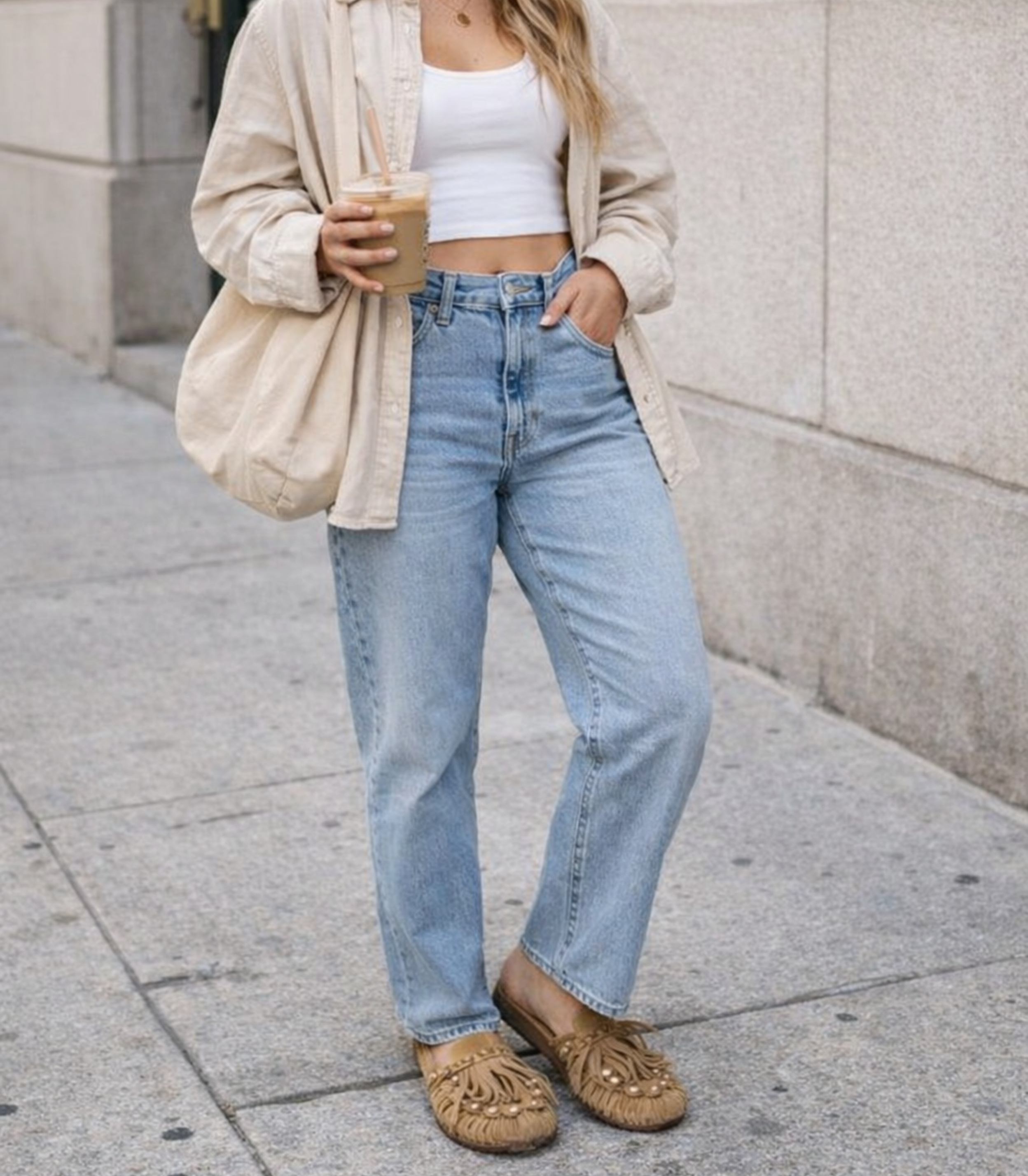 Zuecos planos SKYDIVA HIPPIE en camel con flecos para mujer