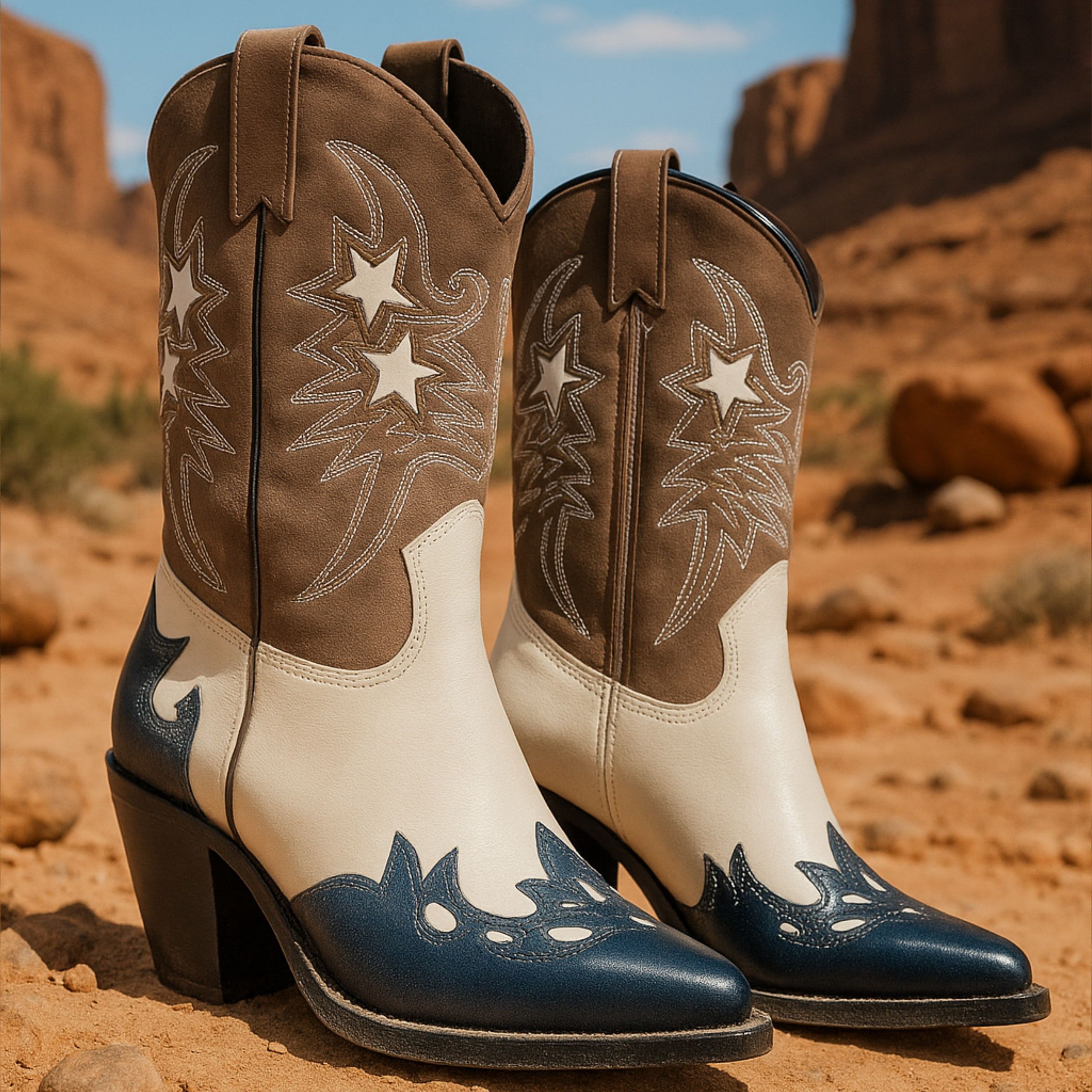 Botas cowboy para mujer SKYDIVA POTAXIE en color azul marino, blanco y marrón, vista completa