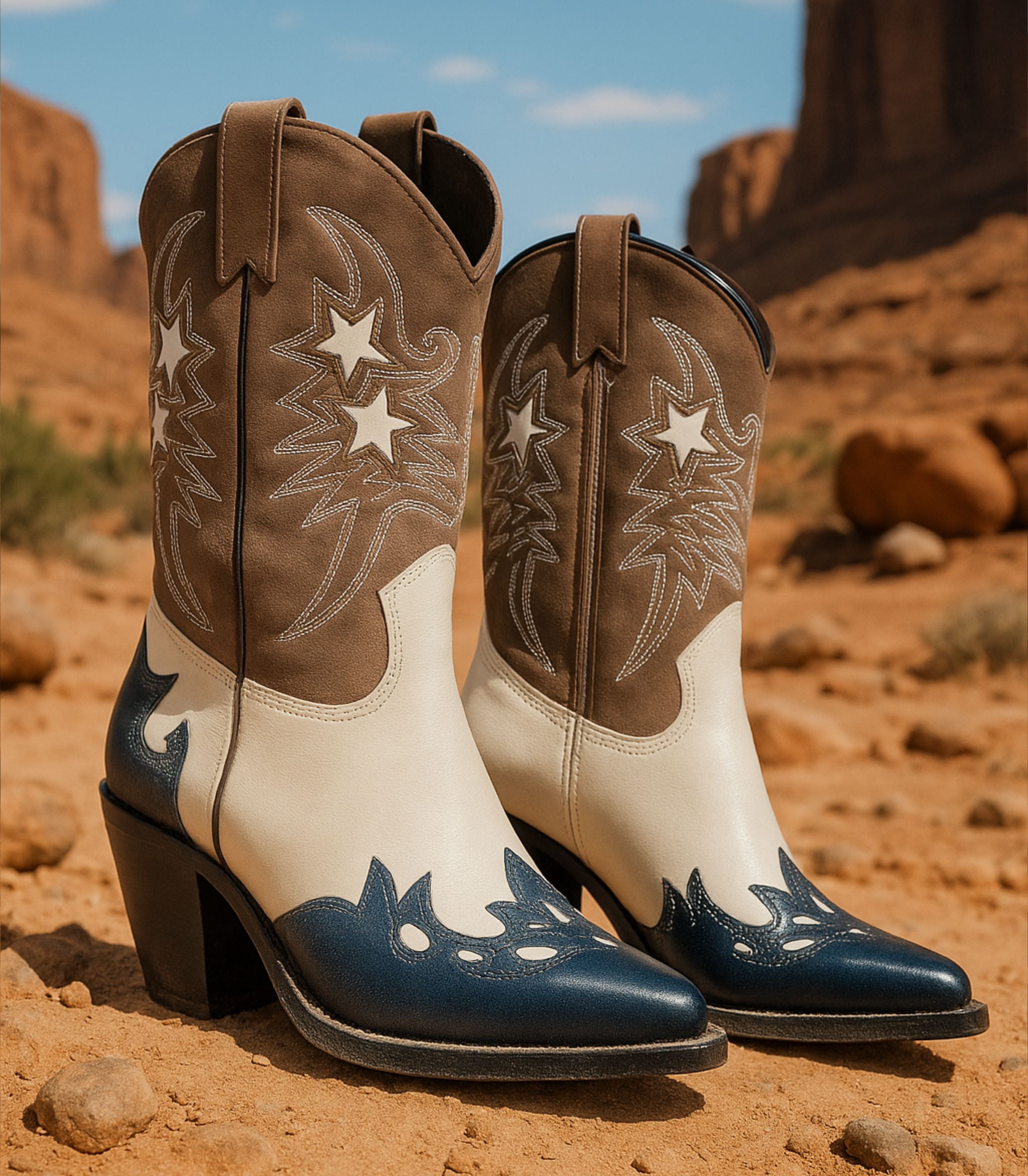 Botas cowboy para mujer SKYDIVA POTAXIE en color azul marino, blanco y marrón, vista completa