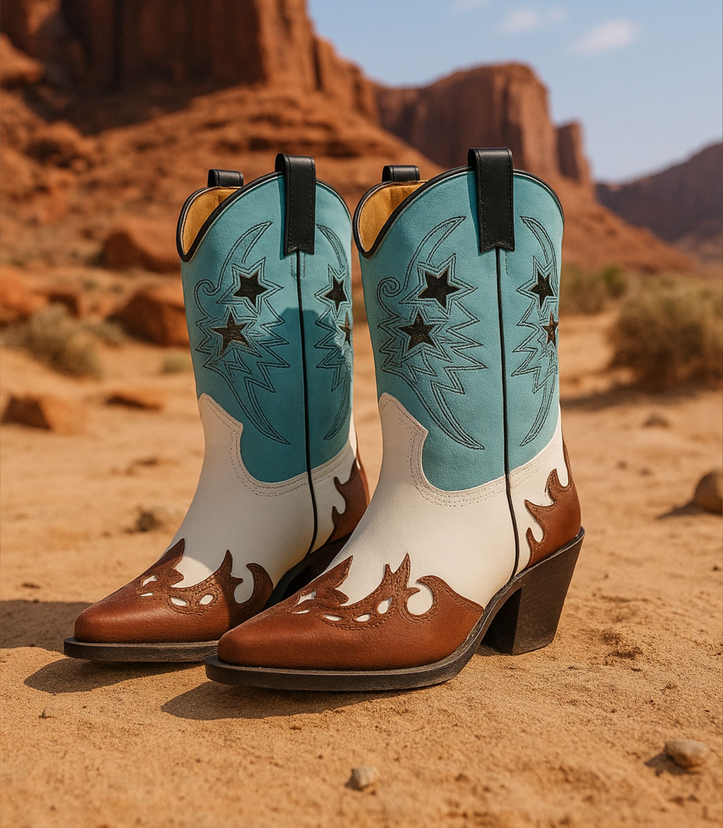 Botas cowboy para mujer SKYDIVA POTAXIE en color azul celeste, blanco y marrón, vista completa