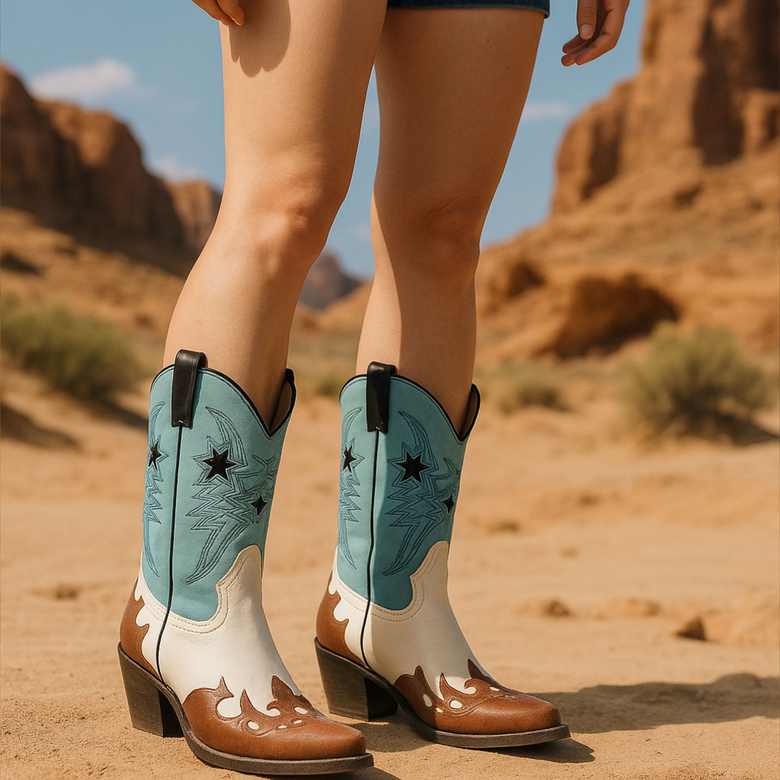 Botas cowboy para mujer SKYDIVA POTAXIE en color azul celeste, blanco y marrón, vista completa modelo