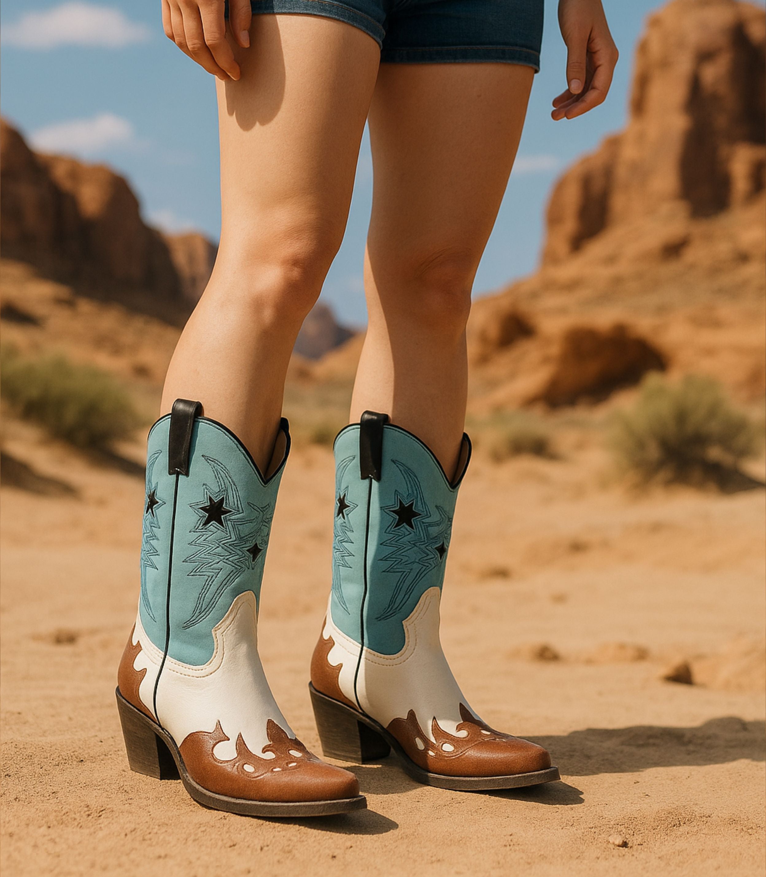 Botas cowboy para mujer SKYDIVA POTAXIE en color azul celeste, blanco y marrón, vista completa modelo