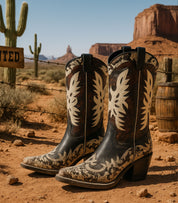 Botas cowboy para mujer SKYDIVA DELULU con estampado negro y beige, vista completa