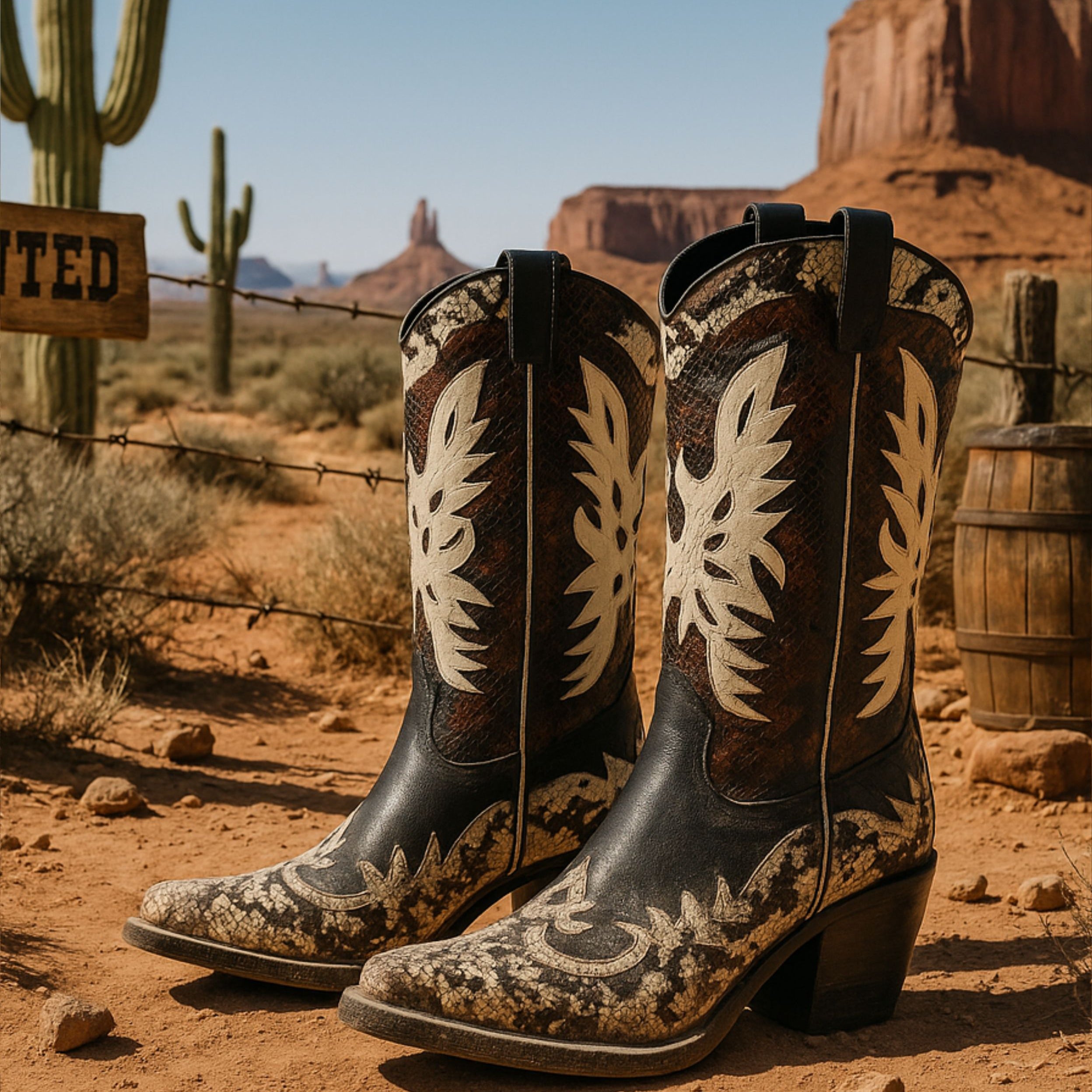 Botas cowboy para mujer SKYDIVA DELULU con estampado negro y beige, vista completa